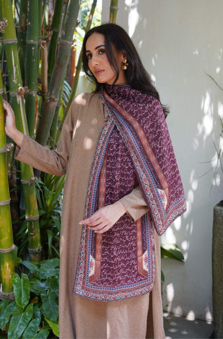 Manto Women's Reddish Brown Double Sided Printed Silk Stole with Urdu Calligraphy