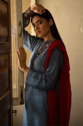 Manto Women's Ready to Wear Blue Lawn Kurta, featuring Urdu Calligraphy of Poetry by Saadat Hasan Manto