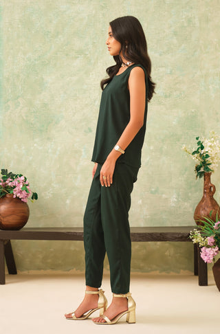 Women's Solid Forest Green Sleeveless Top with Straight Pants