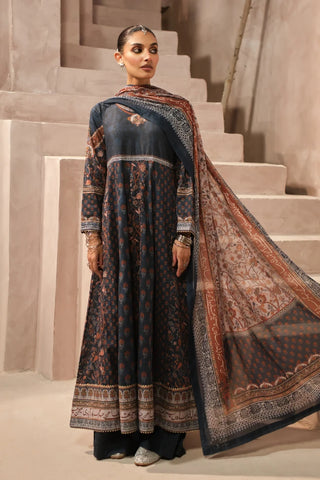 Manto Women's Ready to Wear Deep Blue Anarkali Set with Urdu Calligraphy