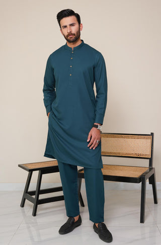 Shopmanto, wear manto, manto clothing brand, manto pakistan, ladies clothing brand, urdu calligraphy clothing, OG wearmanto men's collection wash n wear sherwani collar 2 piece solid deep teal colour kurta and pajama