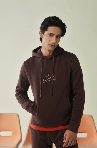 Manto's Unisex Premium Fleece Brown Pullover Hoodie with Urdu Manto Logo Paired with Brown Jogger Pants