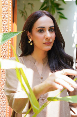 Manto Women's 2 Piece Sandy Beige Solid Kalidaar Co-ord with Loop Buttons on the Neckline