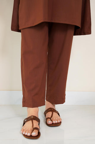 Shopmanto, wear manto, manto clothing brand, manto pakistan, ladies clothing brand, urdu calligraphy clothing, OG wearmanto women's collection wash n wear lucknow style 2 piece solid cocoa brown colour kurta and pajama, women 2 piece solid coord set
