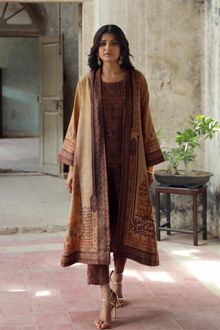 Manto Women's Outerwear Jacquard Coat featuring Urdu Calligraphy of Words by Allama Iqbal Paired with Maroon 2 Piece Matching Sleeveless Co-ord Set