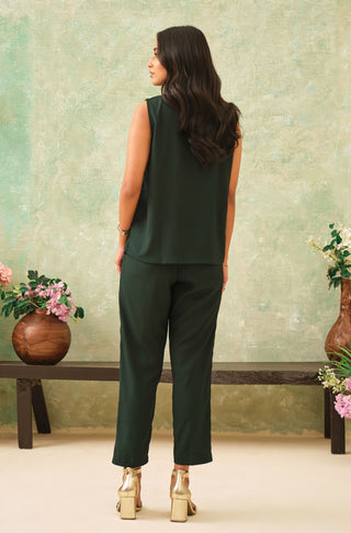 Women's Solid Forest Green Sleeveless Top with Straight Pants