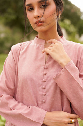 Manto Women's 2 Piece Mauve Pink Solid Kalidaar Co-ord with Loop Buttons on the Neckline