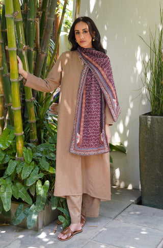 Manto Women's Reddish Brown Double Sided Printed Silk Stole with Urdu Calligraphy