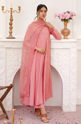 Shopmanto, wear manto, manto clothing brand, manto pakistan, ladies clothing brand, urdu calligraphy clothing, manto rose gold colour solid women jahaan anarkali 2 piece co-ord set with chiffon dupatta