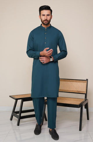 Shopmanto, wear manto, manto clothing brand, manto pakistan, ladies clothing brand, urdu calligraphy clothing, OG wearmanto men's collection wash n wear sherwani collar 2 piece solid deep teal colour kurta and pajama