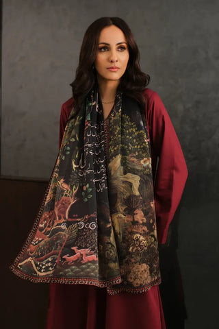 Manto Women's Printed Black Crinkle Silk Scarf with Urdu Calligraphy