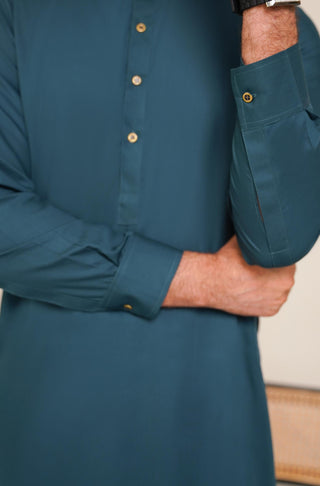 Shopmanto, wear manto, manto clothing brand, manto pakistan, ladies clothing brand, urdu calligraphy clothing, OG wearmanto men's collection wash n wear sherwani collar 2 piece solid deep teal colour kurta and pajama