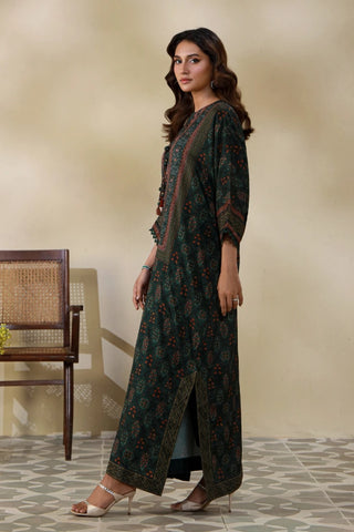 Manto Women's 2 Piece Stitched Green Kaftaan Set with Urdu Calligraphy