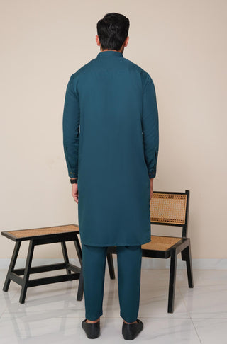 Shopmanto, wear manto, manto clothing brand, manto pakistan, ladies clothing brand, urdu calligraphy clothing, OG wearmanto men's collection wash n wear sherwani collar 2 piece solid deep teal colour kurta and pajama