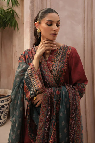 Woman wearing a traditional outfit with a patterned shawl indoors.