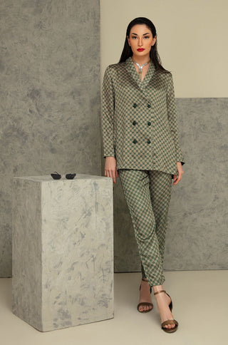 Shopmanto, wear manto, manto clothing brand, manto pakistan, ladies clothing brand, urdu calligraphy clothing, manto western style emerald green and gold blocks silk 2 piece printed co-ord set