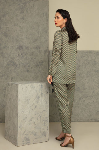 Shopmanto, wear manto, manto clothing brand, manto pakistan, ladies clothing brand, urdu calligraphy clothing, manto western style emerald green and gold blocks silk 2 piece printed co-ord set