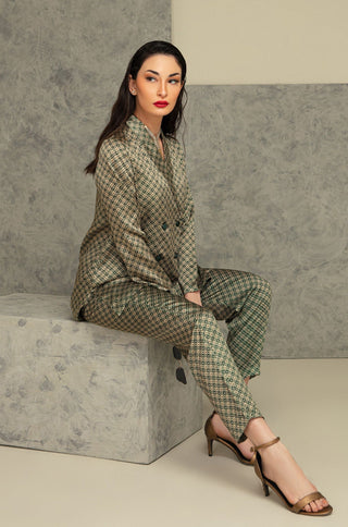 Shopmanto, wear manto, manto clothing brand, manto pakistan, ladies clothing brand, urdu calligraphy clothing, manto western style emerald green and gold blocks silk 2 piece printed co-ord set