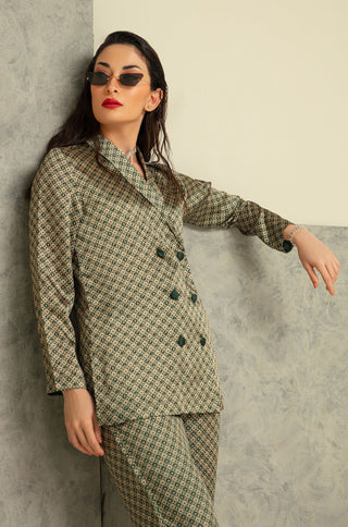 Shopmanto, wear manto, manto clothing brand, manto pakistan, ladies clothing brand, urdu calligraphy clothing, manto western style emerald green and gold blocks silk 2 piece printed co-ord set
