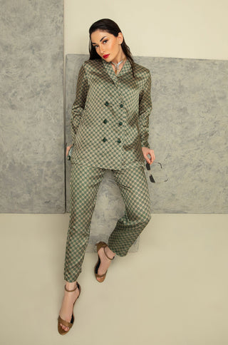 Shopmanto, wear manto, manto clothing brand, manto pakistan, ladies clothing brand, urdu calligraphy clothing, manto western style emerald green and gold blocks silk 2 piece printed co-ord set