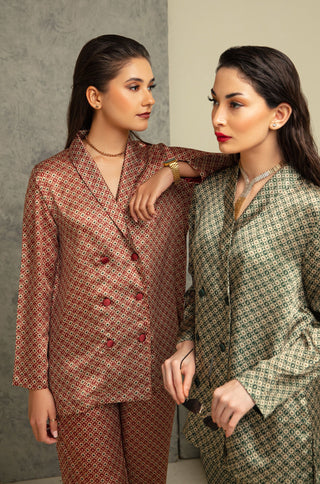 Shopmanto, wear manto, manto clothing brand, manto pakistan, ladies clothing brand, urdu calligraphy clothing, manto western style emerald maroon and gold blocks silk 2 piece printed co-ord set
