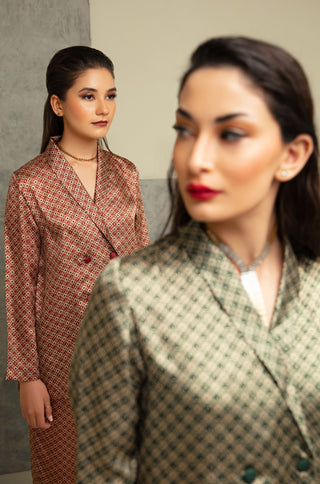 Shopmanto, wear manto, manto clothing brand, manto pakistan, ladies clothing brand, urdu calligraphy clothing, manto western style emerald maroon and gold blocks silk 2 piece printed co-ord set