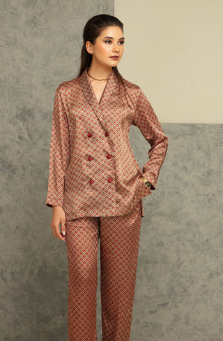 Shopmanto, wear manto, manto clothing brand, manto pakistan, ladies clothing brand, urdu calligraphy clothing, manto western style emerald maroon and gold blocks silk 2 piece printed co-ord set