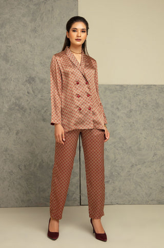 Shopmanto, wear manto, manto clothing brand, manto pakistan, ladies clothing brand, urdu calligraphy clothing, manto western style emerald maroon and gold blocks silk 2 piece printed co-ord set