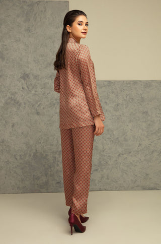 Shopmanto, wear manto, manto clothing brand, manto pakistan, ladies clothing brand, urdu calligraphy clothing, manto western style emerald maroon and gold blocks silk 2 piece printed co-ord set