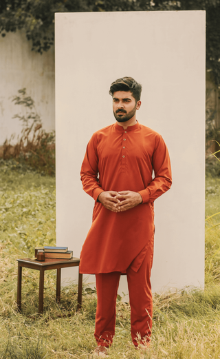 Shopmanto, wear manto, manto clothing brand, manto pakistan, ladies clothing brand, urdu calligraphy clothing, manto burnt orange color sherwani style solid basic 2 piece men kurta set