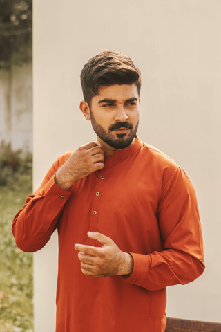 Shopmanto, wear manto, manto clothing brand, manto pakistan, ladies clothing brand, urdu calligraphy clothing, manto burnt orange color sherwani style solid basic 2 piece men kurta set