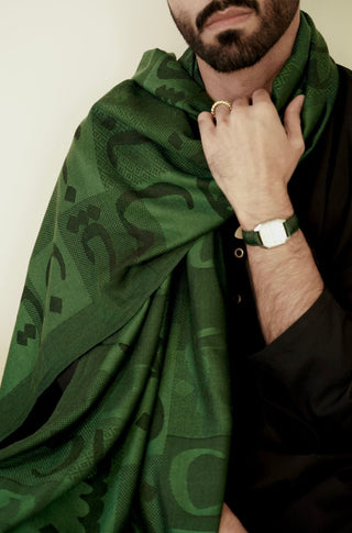 Shopmanto, wear manto, manto clothing brand, manto pakistan, ladies clothing brand, urdu calligraphy clothing, Manto urdu calligraphy unisex jazba weaved winter muffler stole Green, winter collection, acrylic, wool