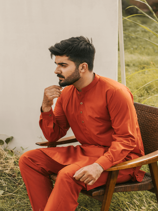 Shopmanto, wear manto, manto clothing brand, manto pakistan, ladies clothing brand, urdu calligraphy clothing, manto burnt orange color sherwani style solid basic 2 piece men kurta set