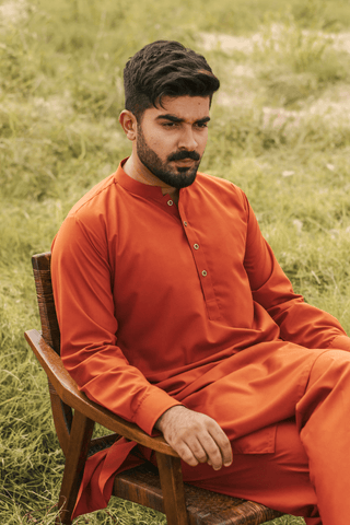 Shopmanto, wear manto, manto clothing brand, manto pakistan, ladies clothing brand, urdu calligraphy clothing, manto burnt orange color sherwani style solid basic 2 piece men kurta set