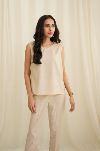 Shopmanto, wear manto, manto pakistan, manto clothing brand, beige inner set, inner set, sleeveless co-ord set, solid 2 piece set, beige 2 piece set