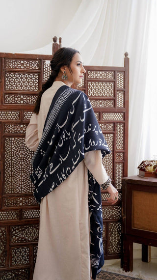 Shopmanto, wear manto, manto clothing brand, manto pakistan, ladies clothing brand, urdu calligraphy clothing, manto black urdu calligraphy bol odhni dupatta shawl