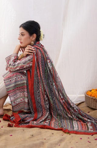 Gulistan (Flowerland) Stripes Dupatta - Brick Red