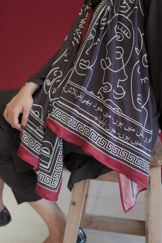 Shopmanto, wear manto, manto clothing brand, manto pakistan, ladies clothing brand, urdu calligraphy clothing, manto women black talaash stole with urdu calligraphy, crinkle silk