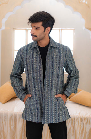 Shopmanto, wear manto, manto clothing brand, manto overshirts, manto kaavish overshirt, kaavish overshirt, manto winter wear, manto western, urdu calligraphy, manto khaddar kaavish overshirt teal and blue, khaddar shirt, khaddar men shirt, manto men, men shirts