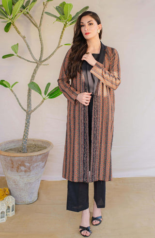 Shopmanto, wear manto, manto clothing brand, manto pakistan, ladies clothing brand, urdu calligraphy clothing, Manto women khaddar kaavish stripes rustic orange coat with urdu calligraphy, winter collection, khaddar collection