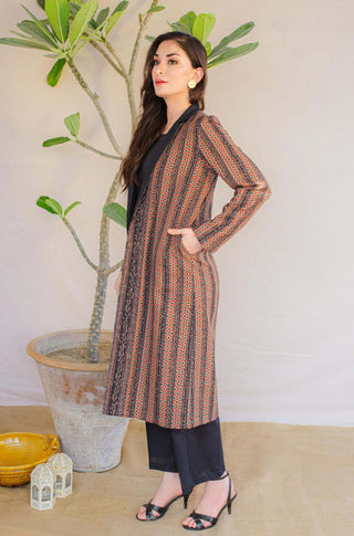 Shopmanto, wear manto, manto clothing brand, manto pakistan, ladies clothing brand, urdu calligraphy clothing, Manto women khaddar kaavish stripes rustic orange coat with urdu calligraphy, winter collection, khaddar collection