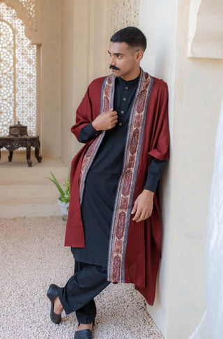 Shopmanto, wear manto, manto clothing brand, unisex cape shawl, cape shawl, men cape shawl, women cape shawl, capes, shawl, winter wear, eastern, western, urdu calligraphy on the cape shawl, cape in maroon, men outerwear, women outerwear, ishq cape maroon and beige, manto capes, manto shawl