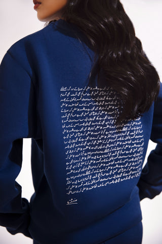 Shopmanto, wear manto, pakistan, women, men, ladies, clothing, urdu, calligraphy, hoodies, sweatshirt, jogger pants, winter wear, karachi, western clothing, manto store, urdu calligraphy clothing, unisex hoodies, unisex winter wear, sweatshirts in pakistan, sweatshirts for men, sweatshirts for women, unisex sweatshirts, comfort, soft, track suit, Midnight Blue Talaash Sweatshirt, text print at the back of sweatshirt, text print on sleeves, printed sweatshirt, comfort revolution