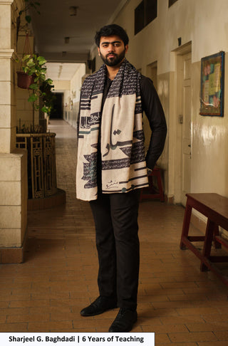 Sharjeel G. Baghdadi in Manto's Unisex Teacher's Day Azm Stole with Urdu Calligraphy