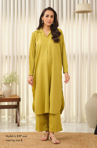 Manto Women's Lime Green 2-Piece Solid Co-Ord Set with Victorian Style Collar