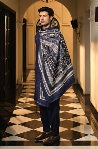 Manto's Unisex Blue & White Rashk Shawl with Urdu Calligraphy