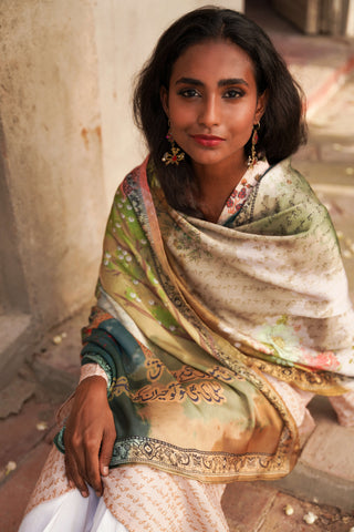 Shopmanto, wear manto, manto clothing brand, manto pakistan, ladies clothing brand, urdu calligraphy clothing, Wear manto crepe silk urdu calligraphy green mastoor scarf for men and women