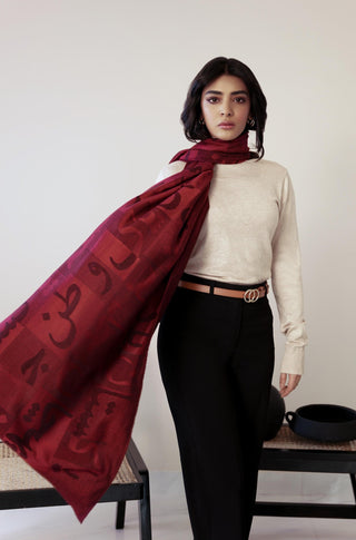 Shopmanto, wear manto, manto clothing brand, manto pakistan, ladies clothing brand, urdu calligraphy clothing, Manto urdu calligraphy unisex jazba weaved winter muffler stole maroon, winter collection, acrylic, wool