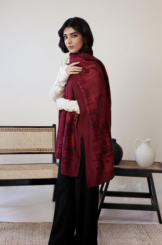 Shopmanto, wear manto, manto clothing brand, manto pakistan, ladies clothing brand, urdu calligraphy clothing, Manto urdu calligraphy unisex jazba weaved winter muffler stole maroon, winter collection, acrylic, wool
