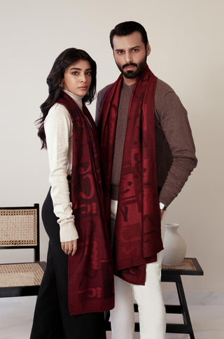 Shopmanto, wear manto, manto clothing brand, manto pakistan, ladies clothing brand, urdu calligraphy clothing, Manto urdu calligraphy unisex jazba weaved winter muffler stole maroon, winter collection, acrylic, wool